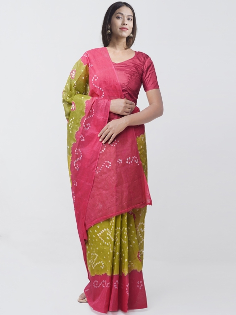 

Unnati Silks Olive Green & Pink Tie & Dyed Bandhani Handloom Saree
