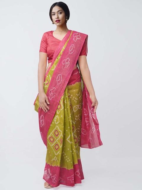 

Unnati Silks Green & Pink Printed Bandhani Handloom Saree