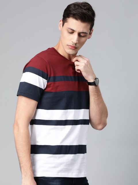 

Roadster Men White & Navy Blue Striped Round Neck T-shirt