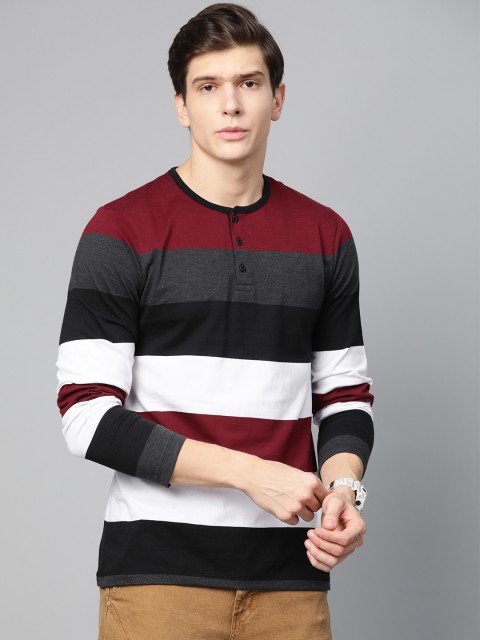 

Roadster Men Black & White Striped Henley Neck T-shirt