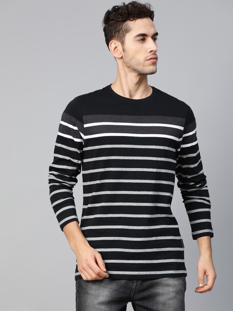 

Roadster Men Black & Grey Melange Striped Round Neck T-shirt