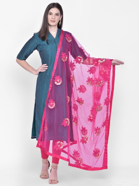 

Dupatta Bazaar Fuchsia & Golden Floral Embroidered & Sequinned Dupatta
