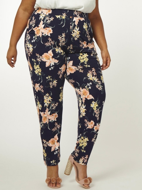 

DOROTHY PERKINS Curve Women Navy & Peach-Coloured Regular Fit Printed Trousers, Navy blue