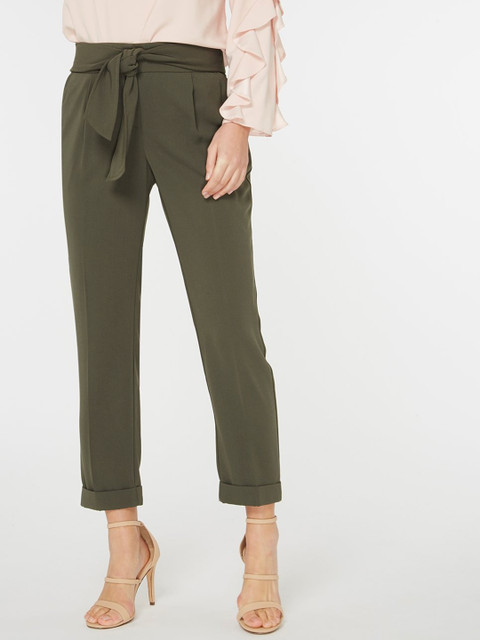 

DOROTHY PERKINS Women Olive Green Tapered Fit Solid Regular Cropped Trousers