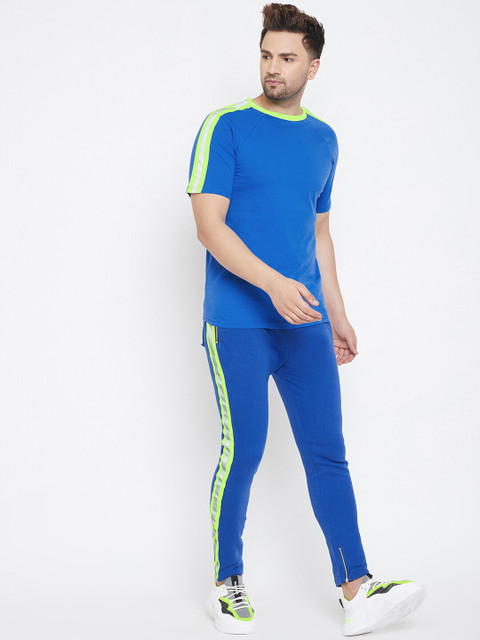 

FUGAZEE Men Blue & Fluorescent Green Solid Slim-Fit Reflective Tracksuit