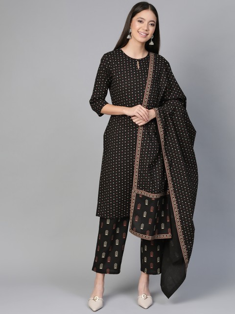 

HERE&NOW Women Black & Mauve Printed Kurta with Palazzos & Dupatta