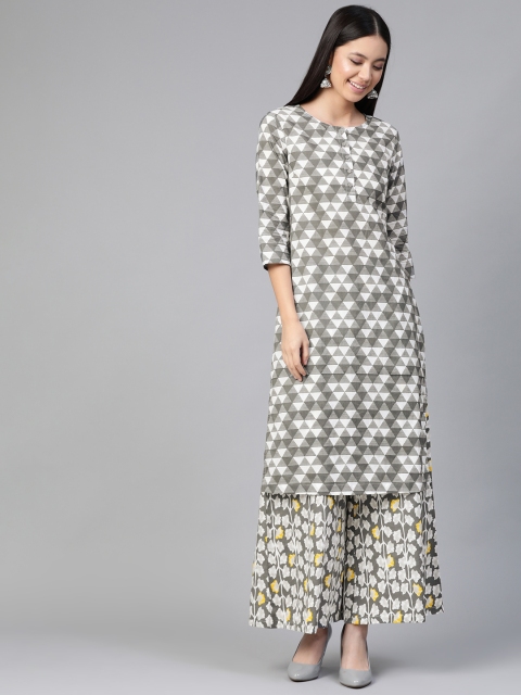 

HERE&NOW Women Grey & White Printed Kurta with Palazzos