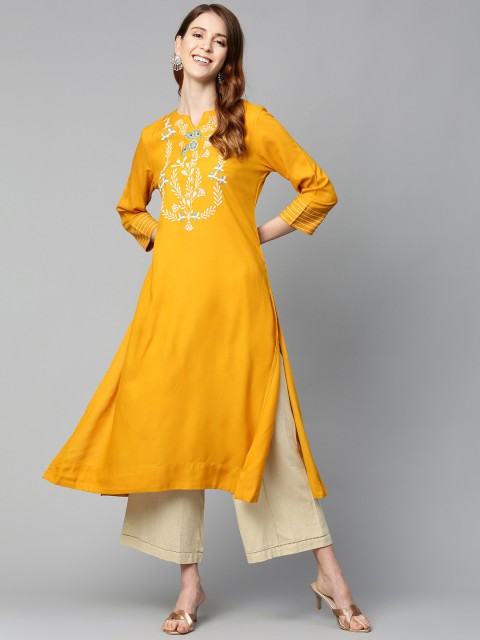 

HERE&NOW Women Mustard Yellow Yoke Design A-Line Kurta