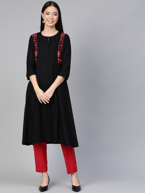 

HERE&NOW Women Black & Red Ethnic Yoke Design A-Line Kurta