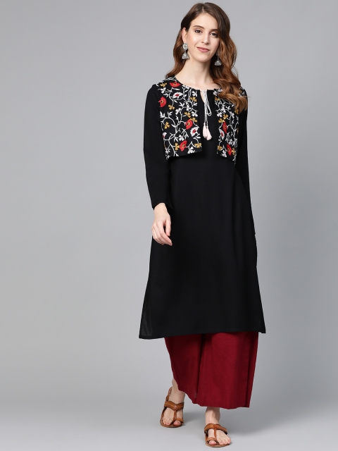 

HERE&NOW Women Black Solid Straight Kurta with Ethnic Jacket