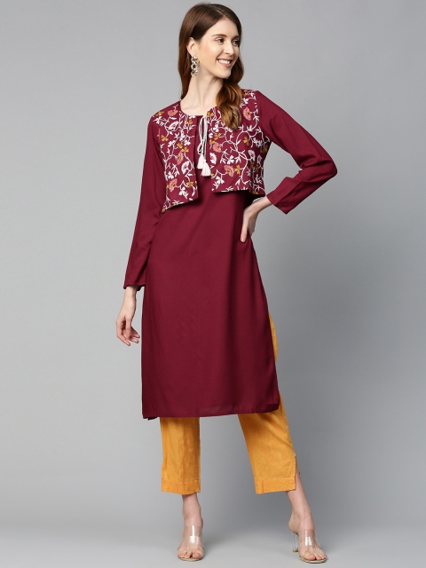 

HERE&NOW Women Maroon Solid Straight Kurta with Ethnic Jacket