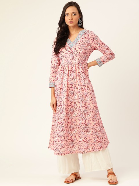 

Moda Rapido Women Peach-Coloured & Maroon Printed A-Line Kurta