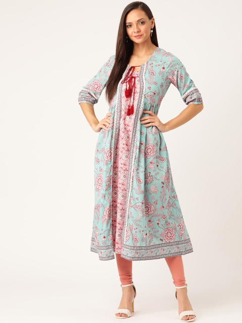 

Moda Rapido Women Sea Green & Pink Printed A-Line Layered Kurta