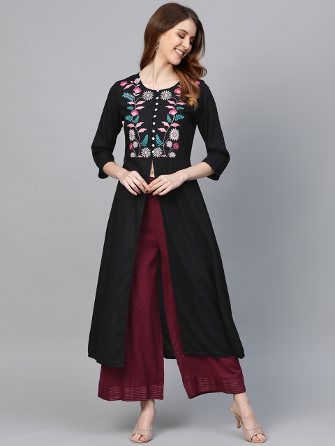 

HERE&NOW Women Black Yoke Design High-Slit A-Line Kurta