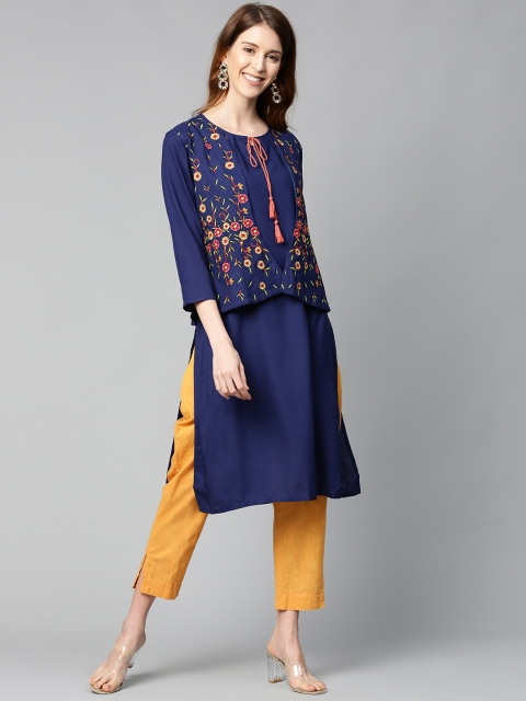 

HERE&NOW Women Navy Blue Solid Straight Kurta with Ethnic Jacket