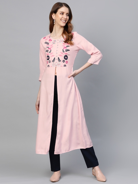 

HERE&NOW Women Pink Yoke Design High-Slit A-Line Kurta