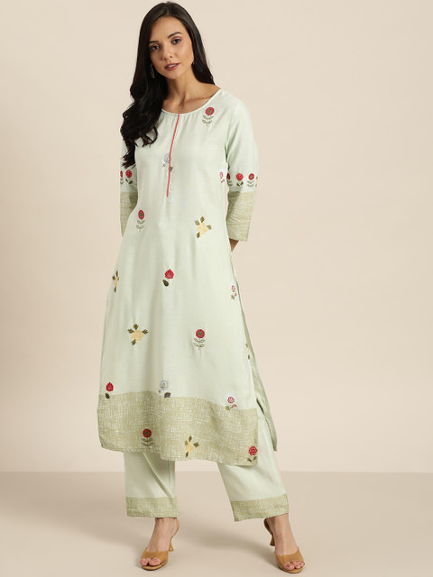 

Moda Rapido Women Mint Green & Red Embroidered Kurta with Palazzos