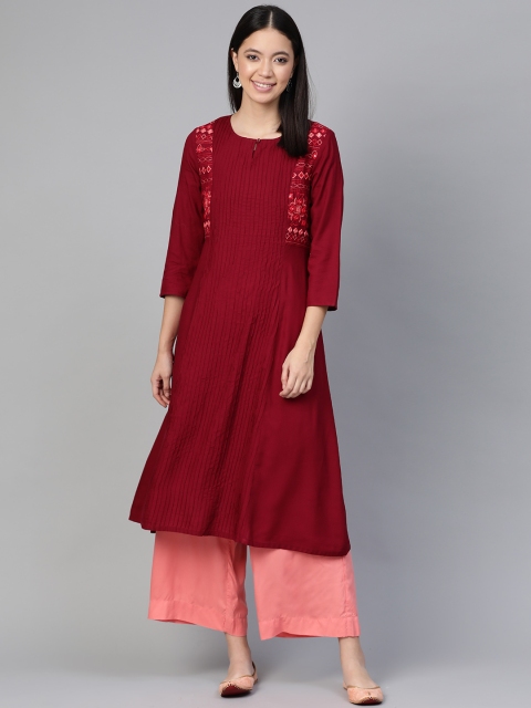 

HERE&NOW Women Maroon & Peach-Coloured Ethnic Yoke Design A-Line Kurta