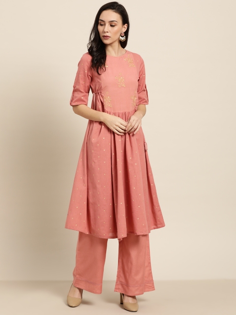 

Moda Rapido Women Dusty Pink & Golden Polka Dots Printed Kurta with Palazzos