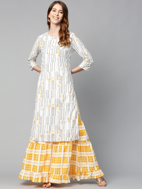 

HERE&NOW Women Off-White & Mustard Yellow Printed Kurta with Sharara