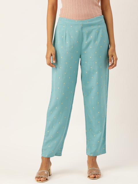 

Moda Rapido Women Blue & Golden Printed Regular Trousers