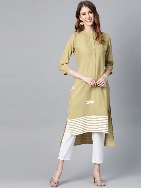 

HERE&NOW Women Green & Off-White Printed High-Low Straight Kurta