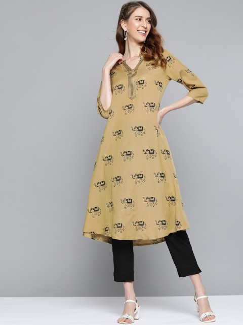 

HERE&NOW Women Khaki & Black Printed A-Line Kurta