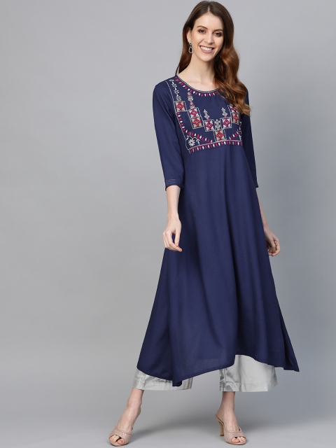 

HERE&NOW Women Navy Blue Yoke Design A-Line Kurta