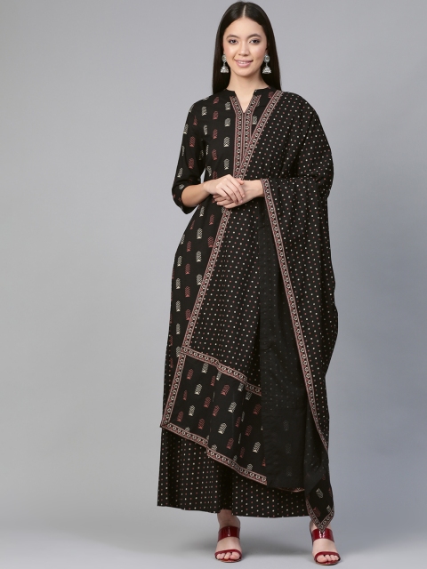 

HERE&NOW Women Black & Mauve Printed Kurta with Palazzos & Dupatta