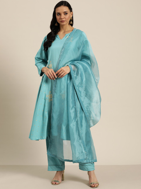 

Moda Rapido Women Blue & Golden Floral Embroidered Kurta with Palazzos & Dupatta