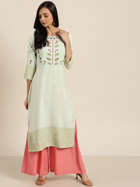 

Moda Rapido Women Mint Green Yoke Design Straight Kurta with Printed Detail