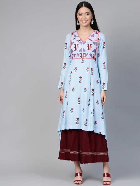 

HERE&NOW Women Blue & Maroon Printed High-Low A-Line Kurta
