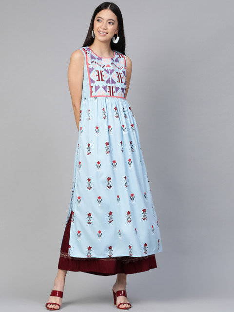 

HERE&NOW Women Blue & Maroon Floral Printed High-Slit A-Line Kurta