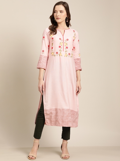 

Moda Rapido Women Pink Floral Embroidered Yoke Design Straight Kurta