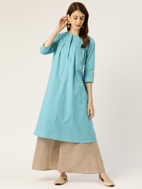 

Moda Rapido Women Turquoise Blue & Golden Printed Pleated A-Line Kurta