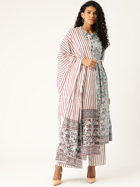 

Moda Rapido Women Blue & Maroon Printed Kurta with Palazzos & Dupatta