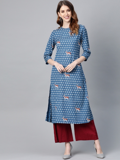 

HERE&NOW Women Blue & White Printed A-Line Kurta