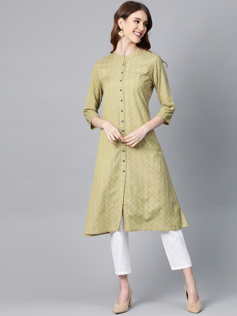 

HERE&NOW Women Green & White Printed A-Line Kurta