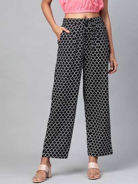 

HERE&NOW Women Black & White Printed Straight Palazzos