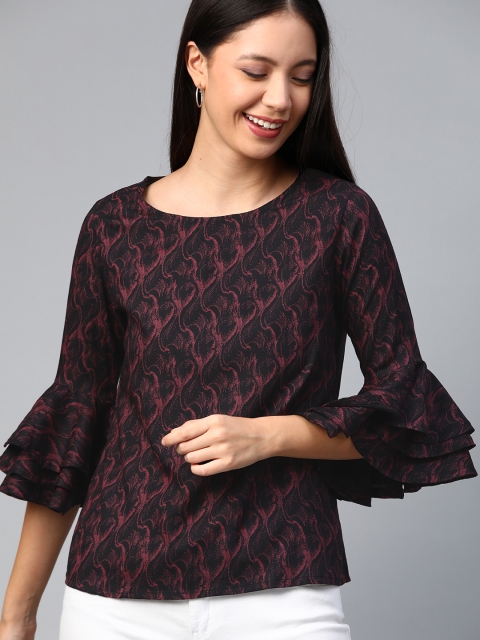 

HERE&NOW Women Black & Burgundy Printed Bell Sleeves Top