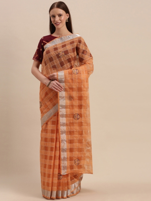 

Kvsfab Orange Checked Silk Cotton Saree