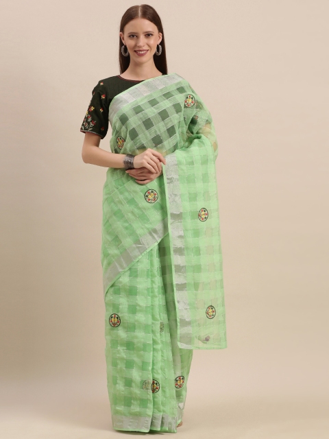 

Kvsfab Green Checked Silk Cotton Saree