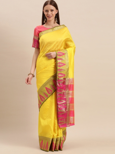 

Kvsfab Yellow & Pink Silk Cotton Solid Saree