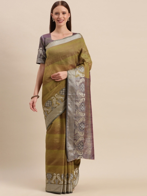

Kvsfab Olive Green Printed Silk Cotton Saree