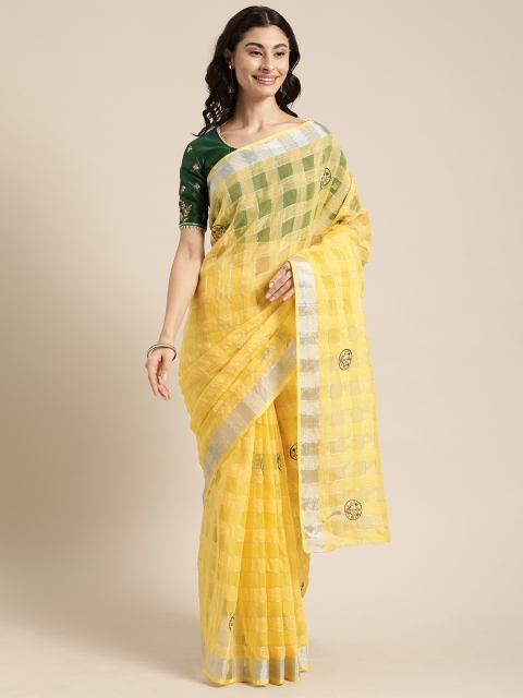 

Kvsfab Yellow Checked Silk Cotton Saree