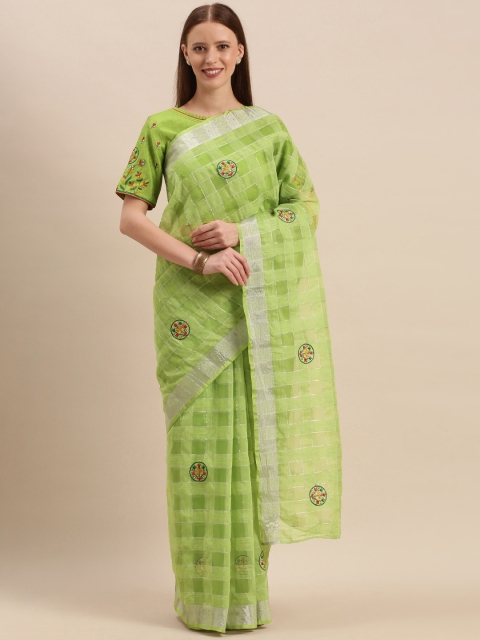 

Kvsfab Green Checked Silk Cotton Saree