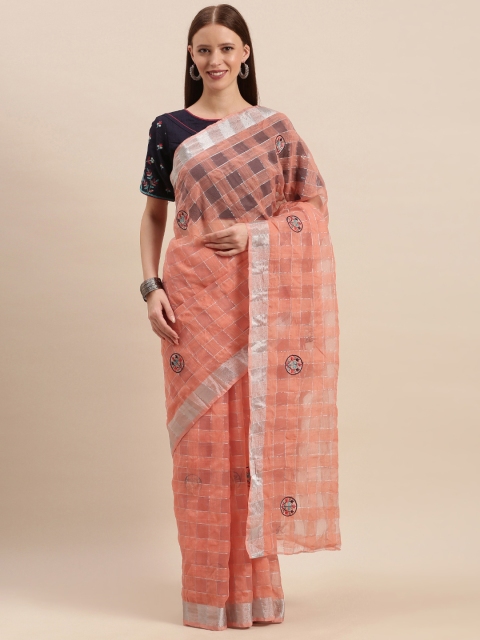 

Kvsfab Peach-Coloured Checked Silk Cotton Saree