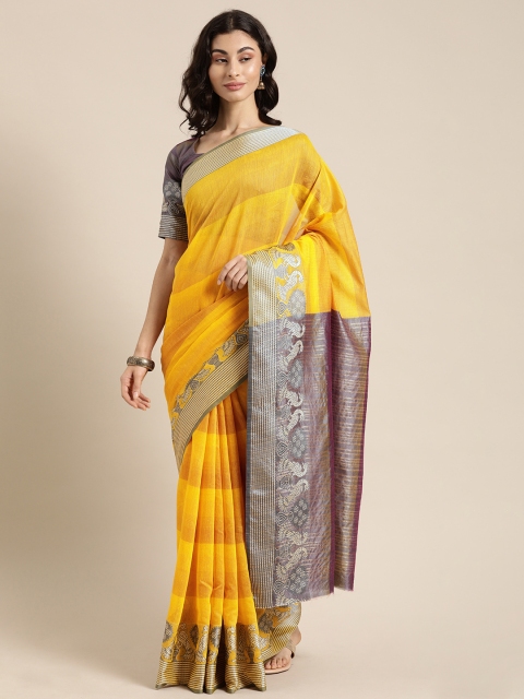 

Kvsfab Mustard & Purple Silk Cotton Striped Saree