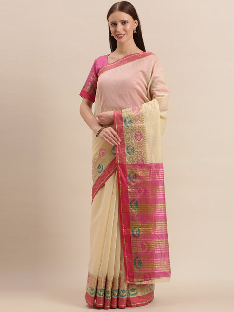 

Kvsfab Beige Solid Silk Cotton Saree