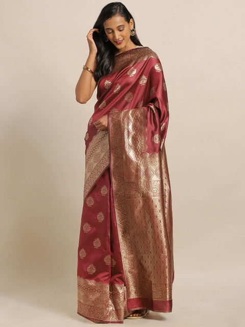 

LOOKNBOOK ART Maroon & Gold-Toned Silk Blend Woven Design Banarasi Saree